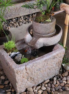 中式客厅流水鱼缸喷泉玄关落地水景观石磨摆件民宿水池造景装饰品