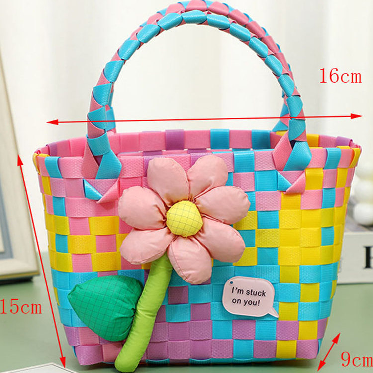彩色儿童手提篮子女包文艺手工编织袋包包花朵可爱夏日海边沙滩 - 图0