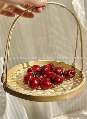 小竹篮餐具小吃盘手提中式点心盘