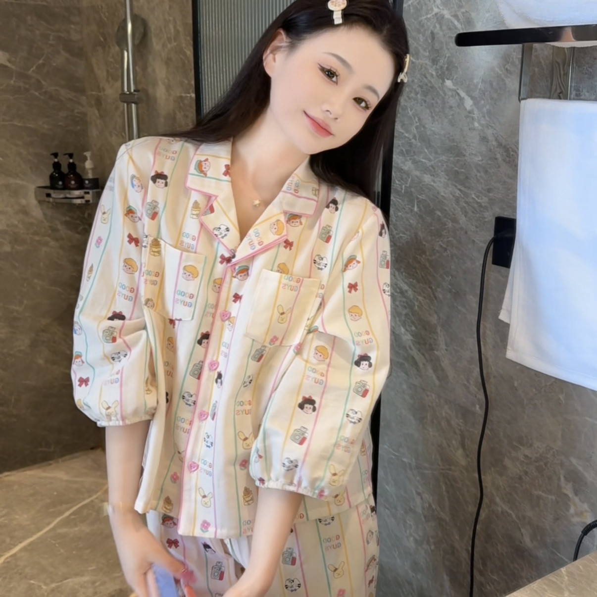 创宙 夏季2026新款可爱减龄纯棉小短装翻领睡衣家居服女显瘦可外穿休闲