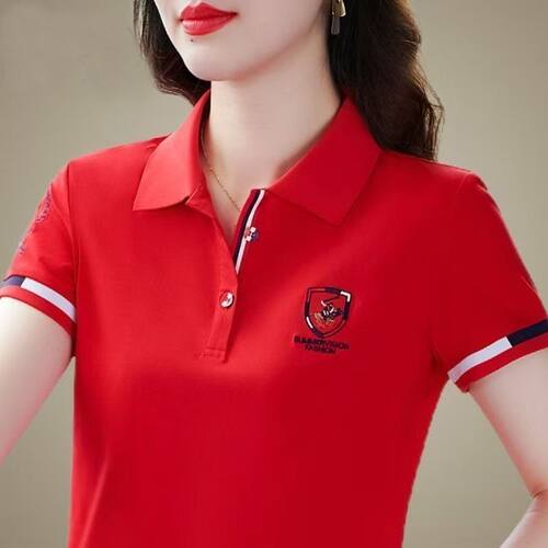 2026夏季翻领百搭短袖t恤女大码宽松POLO衫中年妈妈洋气减龄上衣 - 图1