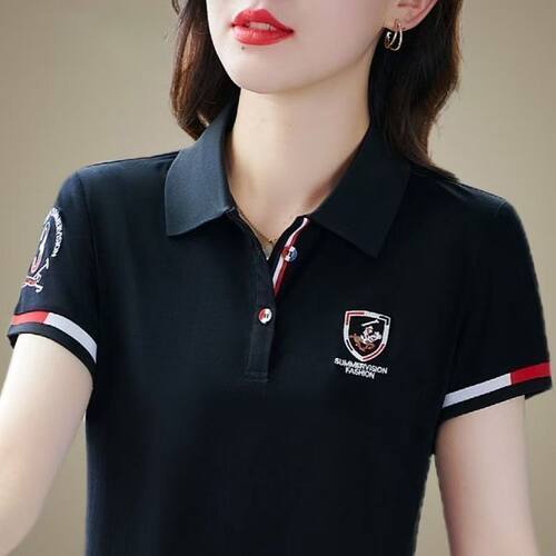 2026夏季翻领百搭短袖t恤女大码宽松POLO衫中年妈妈洋气减龄上衣 - 图0