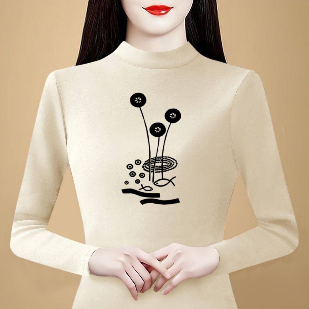 大码德绒保暖半高领印花洋气长袖打底衫女秋冬新款妈妈装百搭上衣,淘宝优惠券,粉丝福利购,淘宝优惠卷