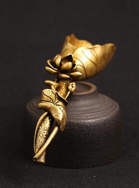 实心纯黄铜莲蓬荷叶茶铲创意个性莲花茶匙茶道茶艺摆件铜雕件装饰