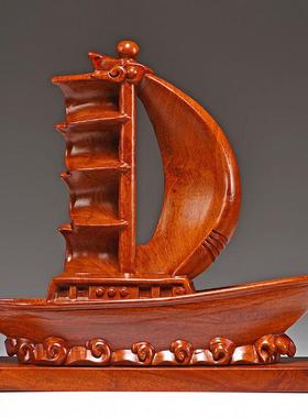 花梨木雕一帆风顺帆船摆件实木龙船客厅酒柜装饰店铺公司开业礼品