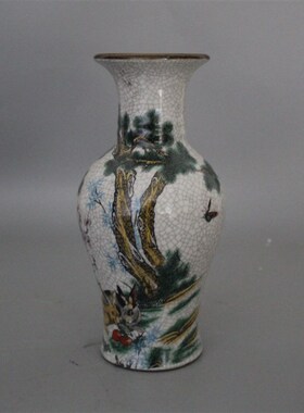 大清乾隆年制粉彩玉兔吃草图花瓶 古董瓷器收藏摆件家居展柜装饰