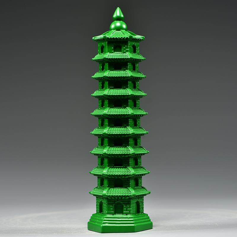 绿色木雕刻9层文昌塔摆件实木头九层文昌塔家居客厅办公室装饰品 - 图1