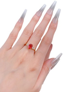 慕景珠宝 直播新款S925银仿真鸽血C红6*8mm椭圆红刚玉时尚百搭戒