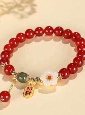 新中式桃花粉f水晶串珠手链女民族风招财纳福红玛瑙手串手饰