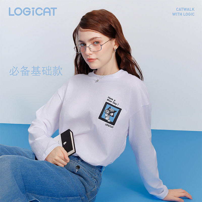 蒲熠星同款LOGICAT白色长袖T恤宽松舒适四季百搭通勤男女情侣上衣,淘宝优惠券,粉丝福利购,淘宝优惠卷