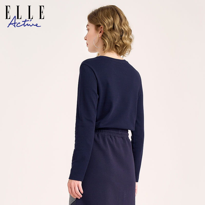 ELLE ACTIVE女装长袖t恤纯棉透气条纹圆领上衣休闲通勤内搭打底衫 - 图0