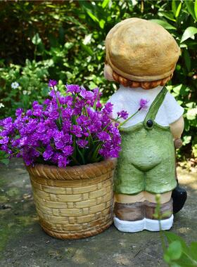 创意可爱小孩花盆阳台户外花园造景庭院别墅景观装饰树脂摆件花器