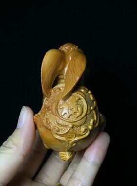 木雕兔子手把件实木雕刻十二生肖兔摆件家居客厅装饰工艺品