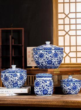 帛画景德镇青花缠枝莲带盖茶缸醒茶罐陶瓷储物罐彷古中式陶瓷摆件