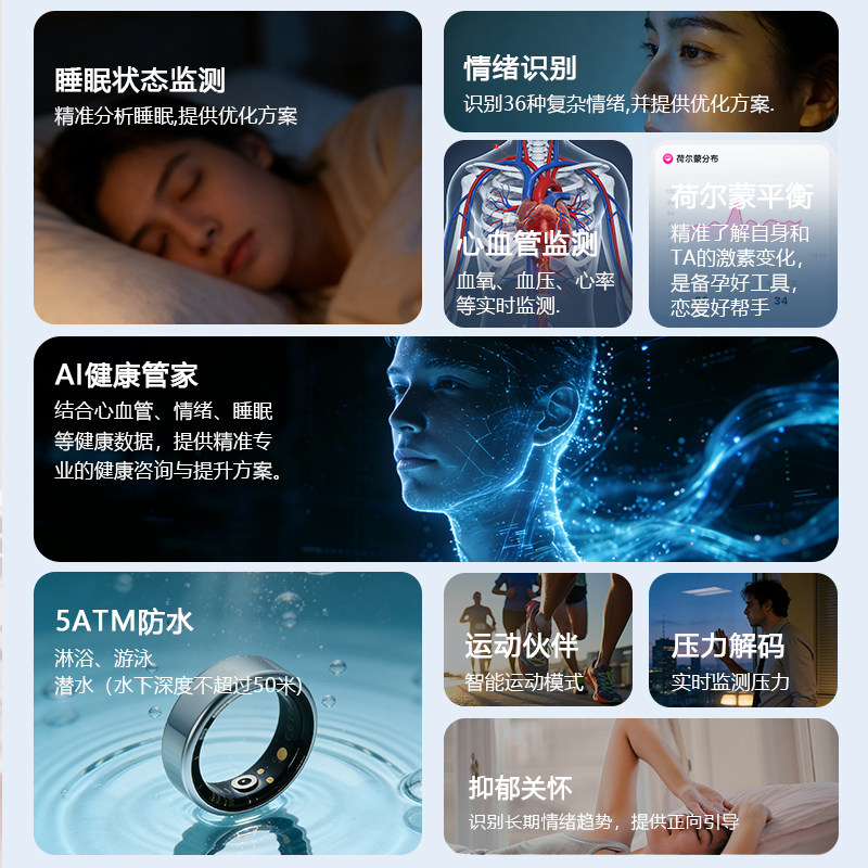 懂你AI智能指环24小时实时监测血压血氧心率血氧预警睡眠精准监测多功能运动伙伴防水指环,淘宝优惠券,粉丝福利购,淘宝优惠卷