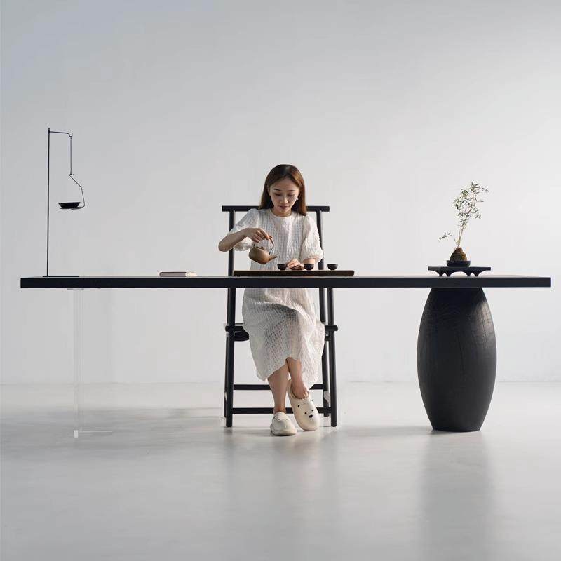 日式侘寂风黑色白蜡木茶桌书桌实木桌子家用茶台禅意新中式大板桌 - 图0