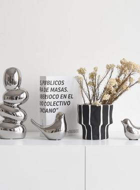 ins北欧现代轻奢设计高级感电镀银陶瓷小鸟花瓶家居装饰品摆件