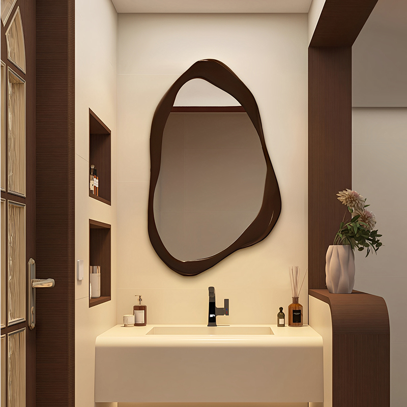 高级胡桃木色不规则化妆镜中古风艺术智能led浴室镜背景墙装饰镜 - 图0