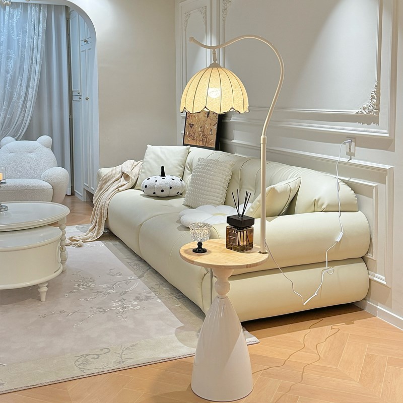 奶油风置物架一体l落地灯客厅沙发旁边几摆件氛围灯卧室床头柜台 - 图0