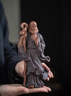 中式紫砂手工艺品禅意达摩祖师摆件客厅家居博古架装饰品人物摆设