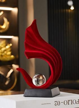 轻奢高档玄关红色风生水起摆件植绒办公室客厅电视酒柜家居装饰品