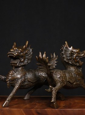 复古全铜麒麟桌面摆件黄铜麒麟一对客厅装饰品.家居工艺品