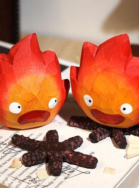 卡西法小火焰火苗手工木雕摆件卡通可爱办公室工位桌面装饰品礼物