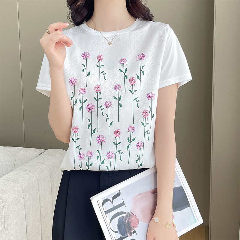 AB面女印花百搭圆领夏季薄款缎面拼接短袖女冰丝正肩T恤3D印花