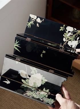 归鸿新中式双面桌面屏风茶话摆件复古创意L客厅家居漆器茶台小摆