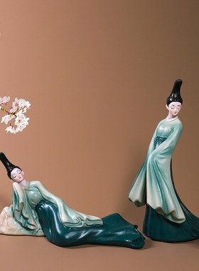 新中式创意祇此青绿n仕女摆件艺术轻奢家居客厅酒柜装饰品摆设乔