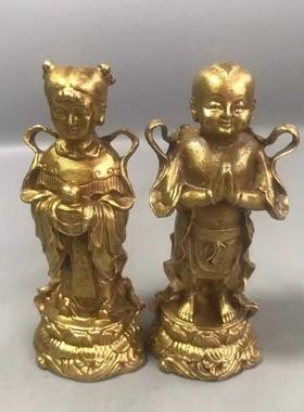 纯铜金童玉女摆件善财童子龙女佛像童男童女一对铜像家居装饰