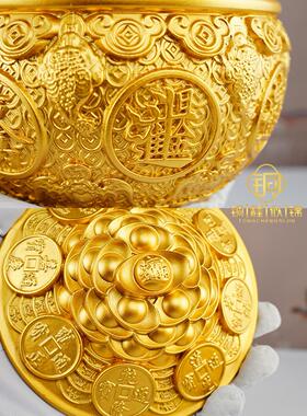 聚宝盆盖饰品，纯铜铜金蟾蜍聚宝盆储钱罐，家庭客厅大铜缸