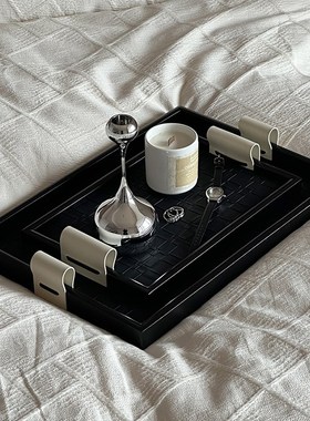 轻奢皮质a首饰入户玄关收纳盘子皮革香薰托盘法式饰品客厅桌面摆