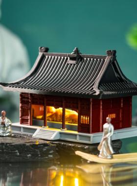 微景观中式古风建筑卧佛殿佛像带灯水陆缸鱼缸假山盆景装饰摆饰
