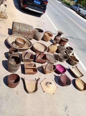 民俗老物件竹编篮子木筐提筐木桶斗笠簸箕怀旧复古传统工艺品摆件