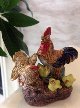 合家欢陶瓷摆件h公鸡摆件母鸡小鸡摆件家居装饰摆件办公室陶艺摆