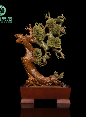天然玉石松鹤延年摆件高档客厅现代简约酒柜办公室招财装饰工艺品