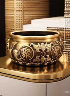 纯铜聚宝盆摆件招财聚财铜制黄铜家居元宝存钱罐米缸大号开业礼品