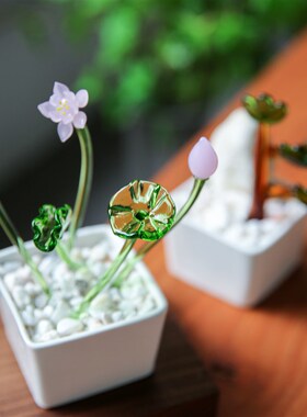 七隐 创意琉璃小摆件多肉仙人掌迎客松植物盆栽办公室玻璃工艺品