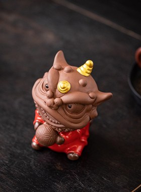 创意国潮舞狮子摆件紫砂新中式东方醒狮茶宠鱼缸造景桌面装饰品