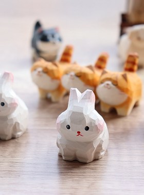 陪小兔子一起蹦蹦跳跳实木雕刻手工生肖兔可爱迷你摆件生日礼物