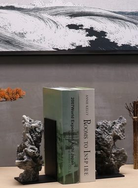 现代新中式创意书靠工艺品摆件客厅样板间书房办公室禅意石头书挡