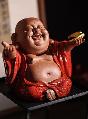 新中式喜庆红弥勒佛摆件客厅玄关书桌博古架佛像装饰茶室桌面摆放