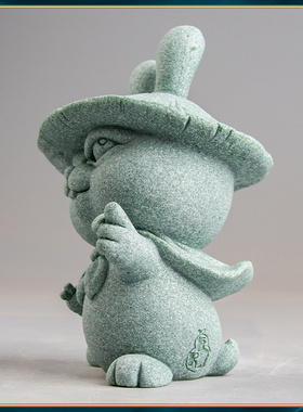 青砂石鱼缸假山造景中式战斗兔家居办公创意精品国潮桌面茶宠摆件