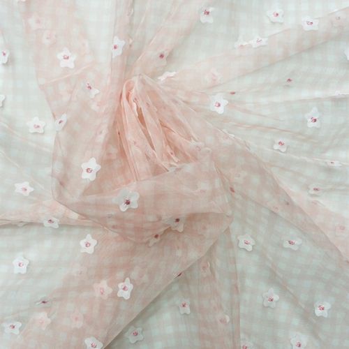 清新甜美田园风格经典印花格子纹网布底激光刺绣花朵蕾丝多色可选 - 图3