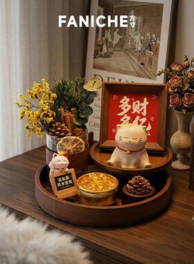 FANICHE2026榉木招财猫家居玄关桌面工艺品装饰摆件套组朋友送礼