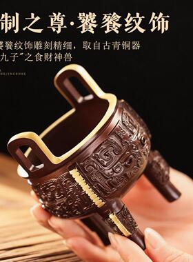 饕餮纹三足鼎炉纯黄铜供奉插香家用室内线香炉盘香香薰炉茶桌摆件