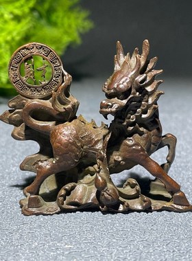 复古鎏金老铜器招财纳福麒麟一对B实心古玩旧货老铜器摆件瑞兽福