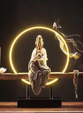 禅意玉净瓶观音菩萨佛像灯摆件倒流香创意陶瓷高档家居装饰工艺品