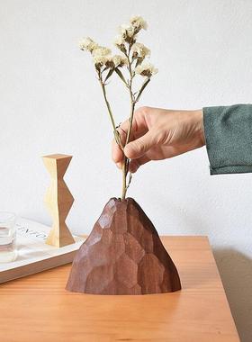 象有形/原日式创实木雕刻禅意火山造型花插玄关办公桌装饰摆件